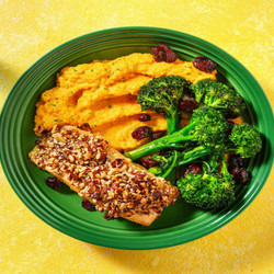 Pecan-crusted Roasted Jumbo Salmon With Creamy Sweet Potato Mash And Broccolini