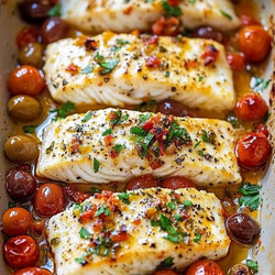 Mediterranean Baked Fish with Herb-Infused Tomatoes and Olives