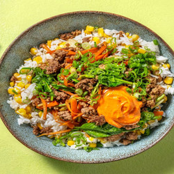 Beef And Pork Bulgogi-style Bowls With Buttered Rice, Corn And Gochujang Mayo