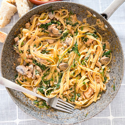 Creamy Canned Salmon Pasta With Spinach &amp; Mushrooms