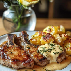 Garlic Butter Pork Chops with Cheesy Potato Bake