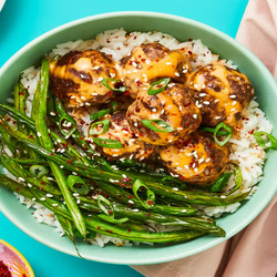 Firecracker Meatballs With Roasted Green Beans &amp; Sesame Rice