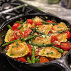 Ravioli with Tomatoes, Asparagus, Garlic, and Herbs