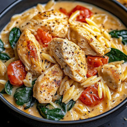 Creamy Chicken Orzo with Spinach and Tomatoes