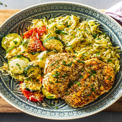 Winner Winner Chicken Orzo Dinner With Cheesy Roasted Zucchini And Tomato