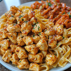 Garlic Butter Chicken Bites with Roasted Red Pepper Parmesan Pasta