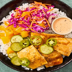 Air Fryer Rainbow Trout “poke” Bowls With Mango, Pickled Cucumber &amp; Jalapeño, Slaw &amp; Sriracha Mayo