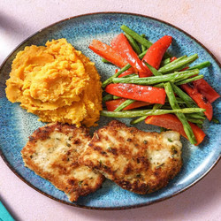 Parmesan Pork Chops With Roasted Veggies And Sweet Potato Mash