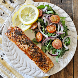 Pan Seared Lemon Pepper Salmon With Arugula Salad