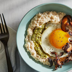 Savory Oatmeal With Shiitake ‘bacon,’ Egg And Pesto