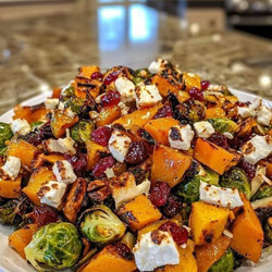 Cranberry-Glazed Roasted Butternut Squash, Brussels Sprouts, and Sweet Potato Salad with Cranberries and Goat Cheese