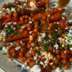 Harissa Roasted Carrots + Chickpeas With Feta