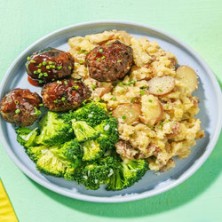 Bbq Beef Meatballs With Smashed Potatoes And Garlicky Broccoli