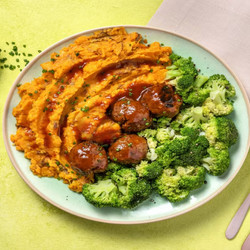 Bbq Beef Meatballs With Smashed Sweet Potatoes And Garlicky Broccoli