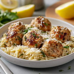 Lemon Chicken Ricotta Meatballs with Garlic Orzo