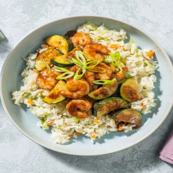 Brown Butter Honey-garlic Double Shrimp With Veggie Rice And Zucchini