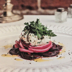 Peristyle's Jumbo Lump Crabmeat and Herb Salad Over Chilled Roasted Beets and Pickled Onions