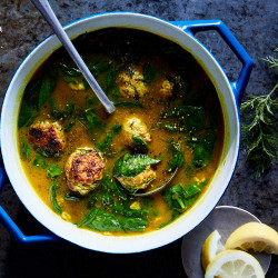 Lemony Chicken-feta Meatball Soup With Spinach