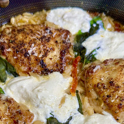 One-pan Chicken Thighs With Orzo, Sun-dried Tomatoes, &amp; Burrata