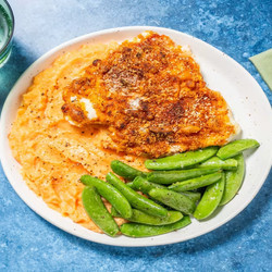 Cheddar-crusted Chicken Thighs With Sweet Potato Mash And Snap Peas