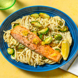 Zesty Jumbo Salmon Over Creamy Fresh Linguine With Dill And Roasted Brussels Sprouts