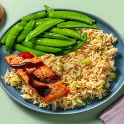 Brown Sugar-glazed Double Salmon With Garlic Rice And Sugar Snap Peas