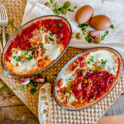 Baked SPANISH EGGS With Tomatoes &amp; Olives