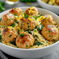 Lemon Butter Chicken Meatballs with Spinach Orzo