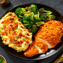 Crispy Cheddar Chicken With Loaded Bacon Mashed Potatoes &amp; Broccoli