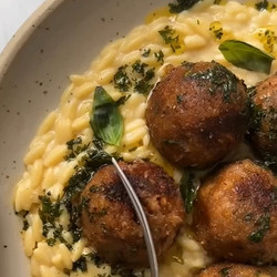 APRICOT + ROSEMARY ‘MEATBALLS’ WITH CREAMY ORZO