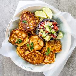 Cheesy Corn Cakes With Avocado Salsa