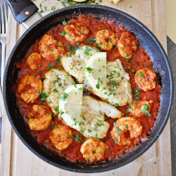 Shrimp And Monkfish Skillet With Spicy Tomato Sauce