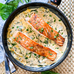 Creamy Seared Salmon Skillet With Spinach &amp; Artichokes