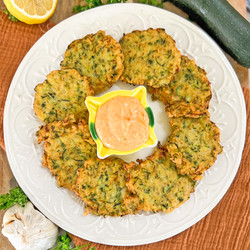 EASY Zucchini Fritters + Spicy Garlic Aioli