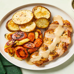 Herbed Chicken &amp; Gravy With Rosemary Brown Butter Veggies &amp; Roasted Potatoes