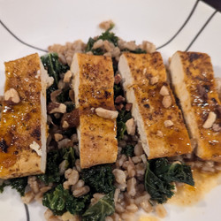 Harissa Apricot Tofu with Farro and Kale