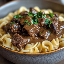 Beef Tips and Gravy over Egg Noodles