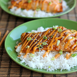 Teriyaki Salmon With Sriracha Cream Sauce