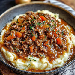 Ground Beef Dish with Spicy Gravy on Fluffy Mashed Potatoe