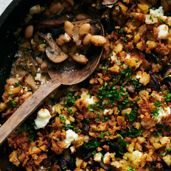 Baked Mushrooms And White Beans With Buttery Bread Crumbs