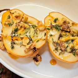 Baked Gorgonzola Pear With Plum Jam And Walnuts