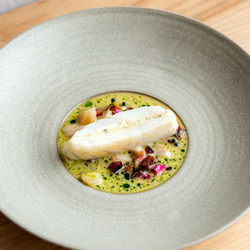 Turbot With Citrus Butter Sauce, Asparagus, Cherry, And Fig Leaf Oil