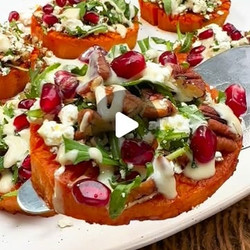 Sweet Potato Bites With Rocket, Pecan Crumble &amp; Tahini Vinaigrette