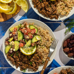 Greek-style orzo bowls with marinated feta salad