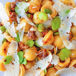 Fresh Fava And Merguez Orecchiette With Manchego Recipe