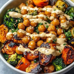 Roasted Veggie and Crispy Tofu Bowl with Smoky Tahini Sauce