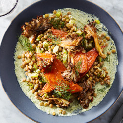 Roasted Sweet Potato Dinner With Mushrooms, Lentils, And Feta-tahini Sauce