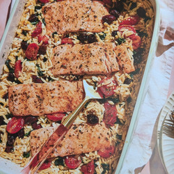 Mediterranean-Inspired Salmon and Orzo Bake