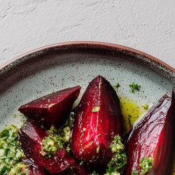 Roasted Beetroot Wedges With Goats’ Cheese &amp; Rocket Pesto