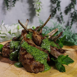 Juniper Grilled Lamb Chops With Arugula Mint Pesto